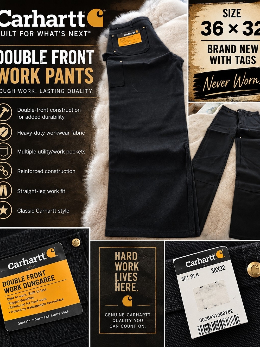 Carhartt Black Double-Front Cargo Work Pants